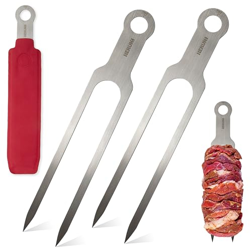 HERUKI Doppelspieße, 36,6 cm, Edelstahl, robust, Doppelzinken-Spieße für Grill, Kabob, Shawarma, Fleisch, Fisch, Huhn, wiederverwendbares Grillzubehör für Grill Master Arsenal – 2 Einheiten