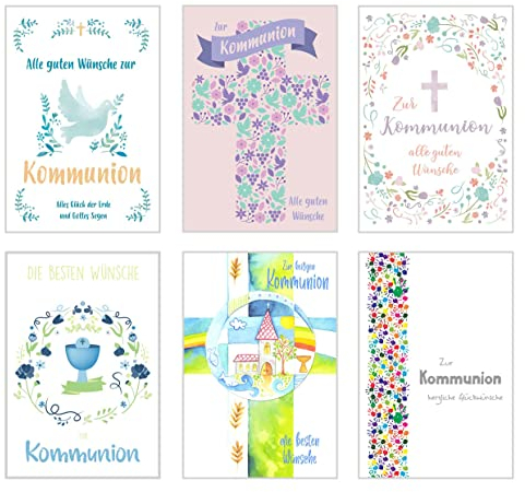 Edition Seidel Set 6 Premium Kommunionskarten mit Umschlag (Doppelkarten/Klappkarten mit Briefumschlag) Karte Postkarte Kommunion (SW02)