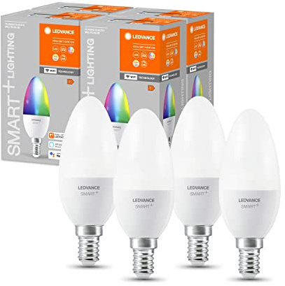 LEDVANCE Lámpara LED inteligente con tecnología WiFi, enchufe E14, regulable, color de luz cambiante(2700-6500K), colores RGB cambiables, reemplazo de 40W, SMART+ WiFi Candle Multicolour, paquete de 4