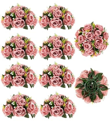 BLOSMON Flower Ball Centerpieces for Wedding: 10 Pcs Dusty Pink Fake Roses Flowers Artificial for Table - Silk Kissing Bouquet Floral Arrangement Center for Home Party Event Decor
