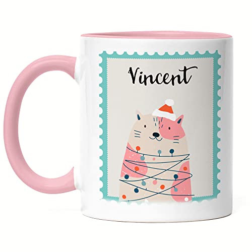 Kiddle-Design Weihnachts-Tasse Rosa Kinder personalisiert mit Name | Kindertasse Katze Motiv Geschenk Mädchen Jungen Nikolaus Weihnachten