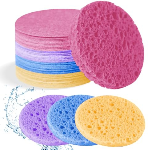Spunspon 50-räkna ansiktssvampar komprimerad naturlig cellulosasvamp rund form ansiktssvamp för ansiktsrengöring exfoliering och sminkborttagning, blandad färg