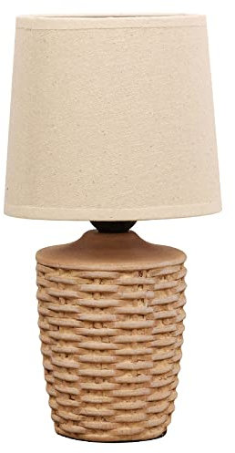 Britalia Distressed Tan Ceramic Vintage Basket Weave Urn Base Table Desk Lamp with Beige Linen Tapered Drum Lampshade | 30cm Height | ES E27 Lamp Bulb Required | UK Approved