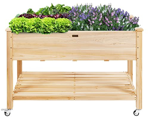 RELAX4LIFE Jardinière Surélevée avec Roues Verrouillables | Potager Surélevé avec Étagère de Rangement et Doublure de Protection pour Herbes, Légumes et Fleurs à l'Extérieur