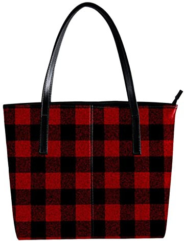 Klassische Schultertasche, Schwarz / Rot, quadratisch, kariert, Karomuster, leicht, lässig, Schultasche, Lehrertasche, Handtasche, Mehrfarbig