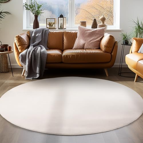 Einfarbiger Teppich Rund Wohnizmmer, Esszimmer, Schlafzimmer, Küchenteppich Waschbar Runder Teppich Creme Flauschig Kurzflor Carpet, Größe: 200 cm Rund