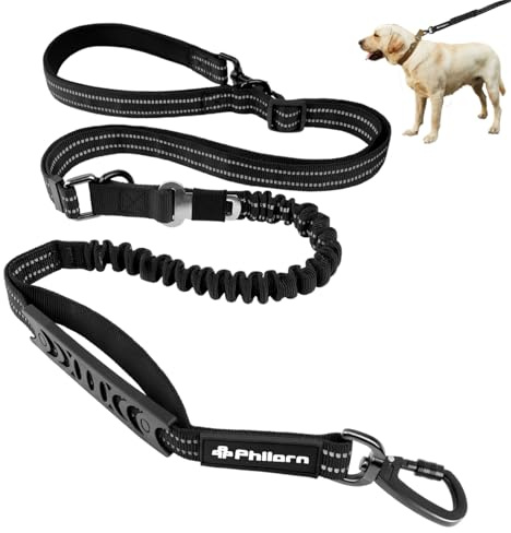 Philorn Bungee hundkoppel kraftigt 15 cm justerbar längd inget drag med 2 vadderade trafikhandtag, reflekterande trådar, bilsäkerhetsbälte för stora medelstora hundar (svart)