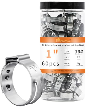 WYSIWYKA 60pcs 1 inch PEX Cinch Clamps Rings, 304 Stainless Steel Single Ear Hose Clamps, Pex Crimp Rings for PEX Tubing Pipe Fitting Connections