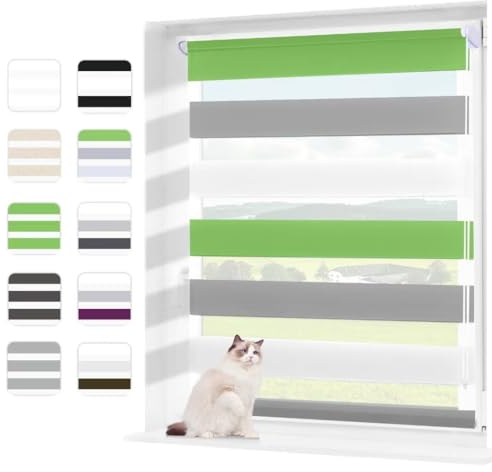 Wudomi Doppelrollo Klemmfix ohne Bohren Grün-Grau-Weiß 100x140cm(BxH),Lichtdurchlässig und Verdunkelnd Duo Rollo,Klemmrollo Seitenzugrollo für Schlafzimmer, Badezimmer, Wohnzimmer Fenster und Tür