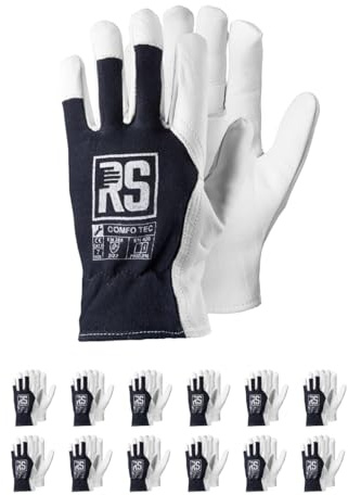RS - COMFO TEC Montage-Handschuhe verstärktes Ziegenleder/Größe 8, 12 Paar/Weiß/Dunkelblau/Montagehandschuhe/Arbeitshandschuhe Leder Herren Damen robuste Lederhandschuhe Schutzhandschuhe