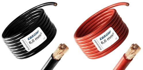 EBROM - 5 Meter Batteriekabel - rot und schwarz - Pluskabel und Massekabel - 6mm2 | 6 mm² | 6 mm2 - Vollkupfer 99,9% OFC Kupfer Stromkabel - Ihre Länge: je 5 Meter