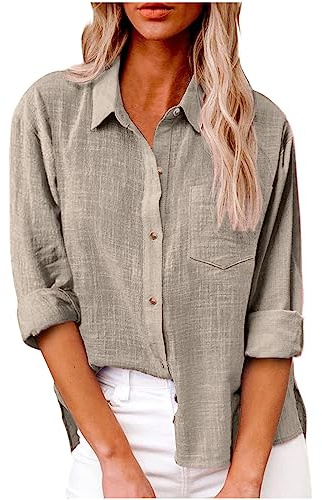 Damen Leinen Hemd Elegant mit Knopfleiste Tasche Sommer Oversized Kurzarm Blusen Langärmeliges Shirt Oberteile Reverskragen Elegant Shirts Bluse Oberteile Einfarbig Basic Unterhemd Top
