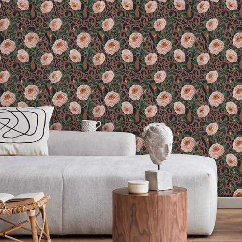 CRE8TIVE Rose Tapete Blumen Rosa Leopard Tapete Selbstklebend 61cm x 300cm Braun Blätter Vintage Klebefolie Möbel Abnehmbar Folie Schlafzimmer Badezimmer Fototapete Küche Kinderzimmer Schrank