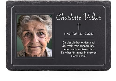 LAUBLUST Personalisierte Grabplatte mit Name & Foto als Grabschmuck für Menschen | Schieferplatte mit Gravur als Grabstein Deko & Grabtafel - Erinnerung, 3 Größen | Schöne Grabsteine mit Wunschtext