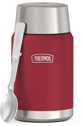 Thermos ICON Food Jar - Récipient alimentaire de 0,71 l - Double paroi en acier inoxydable 18/8 - Garde au chaud et au froid - Avec cuillère pliable - Fond antidérapant - Entièrement étanche - Rouge