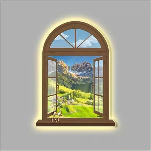 GFXYQPDNV 3D Beleuchtete Wanddekoration, Wandskulpturen, Wandheizkunst Mit LED -Licht, Falschem Fensterrahmen Mit Der Sonneneinstrahlung Auf Der Hügellandschaft
