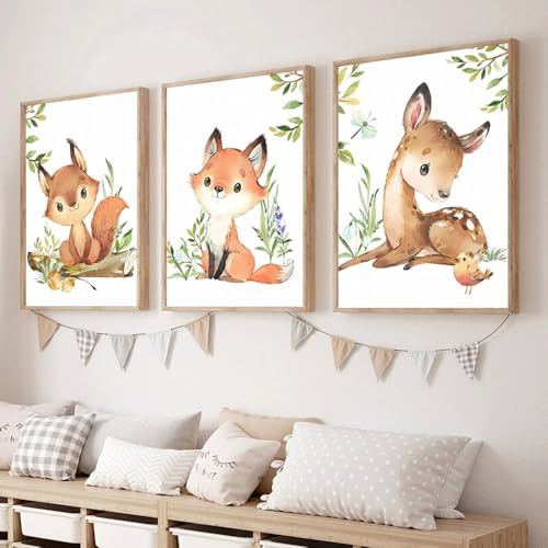 3 Bilder Babyzimmer Dschungel Poster Tiere Wald Kinderzimmer Bilder Kinder Mädchen Fuchs Eichhörnchen Hirsch Wandbilder Beige Braun Dekoration 30 x 40 cm Leinwand Waldtiere Schlafzimmer Baby Geschenk
