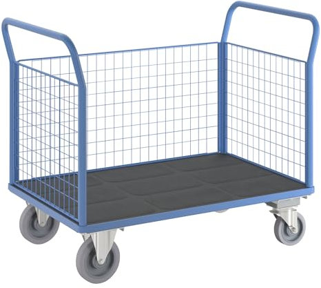 eurokraft | Plattformwagen | 3 hohe Gitterwände | mit Zentralstopp | LxB 1350 x 800 mm