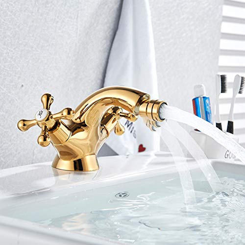 Waschbeckenarmatur Golden Bidet Armatur Zwei Drehbare Griffe Badezimmer Gefäß Waschbeckenarmatur Einloch Deck Montiert Wassermischbatterie Chrom Antik Messing