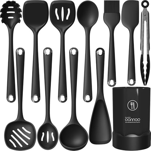 Silicone Kitchen Utensils Set, Utensils Sets for Cooking, Dishwasher Safe | Food-grade Spatulas Set for Nonstick Cookware, BPA-Free,Heat Resistant up to 600°F, Seamless, New Home, Wedding Gifts, Black