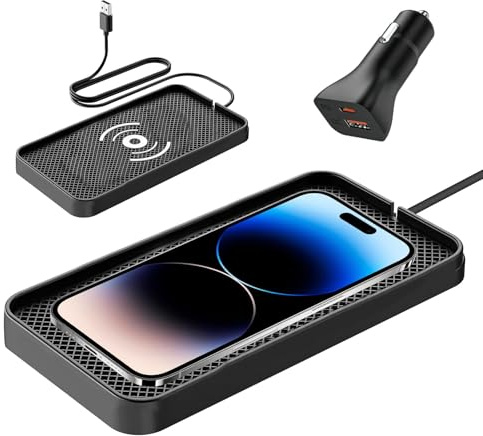 Wireless Car Charger Pad 10W Fast Wireless Charging Pad Non Slip Ultra Slim Car Phone Mat with QC 3.0 for Airpods iPhone 16 15 14 13 12 11 X Samsung S24 23 22 10+ S10 (1M Cable)