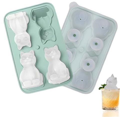 Hyran Eiswürfelform, Eiswürfelform Silikon Katze 4er Set mit Deckel, 3D Niedliche Kätzchen-Design BPA-Frei, Wiederverwendbar für Cocktails Whisky Obst Wein Kaffee (Grün)