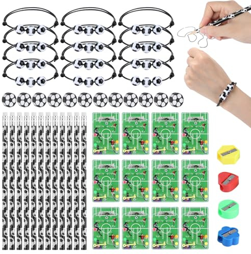 Yicenmy 52 Stück FußBall Mitgebsel Kindergeburtstag, 12 Bleistifte 12 Radiergummi 12 Flipperspiele 12 Armbänder 4 Anspitzer, Kindergeburtstag Fussball Geburtstag, Fussball Mitgebsel