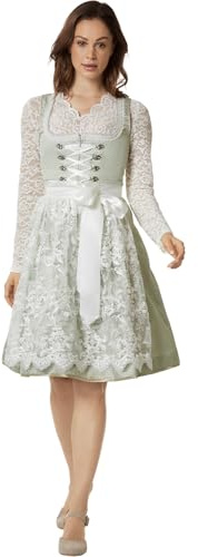 dressforfun Midi Dirndl Damen, Trachten Dirndlkleid Damen, mit Zierschnürung Trachtenmieder, Trachtenrock mit Schleife, Spitzen Schürze Dirndl, mit Dirndlbluse kombinierbar - salbeigrün/weiß
