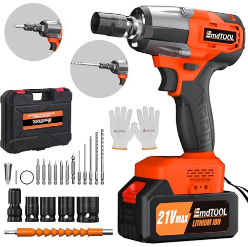 55ONM Cordless Impact Wrench, 1/2 Brushless Electric Wrench, 600W Power Impact Gun with 3400RPM, LED Light, Fast Charge, Electric Impact Gun with 4 Sockets and 12 Bits for Car (4000mAh, Orange)