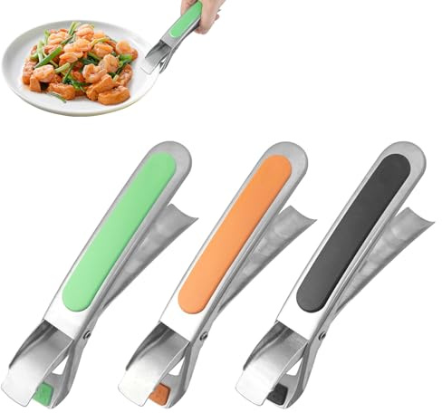 Hevysuo 3PCS Non-Slip Dish Tongs,Stainless Steel Anti-Scald Bowl Clip Holder 17.5cm,Thickened Silicone Hot Plate Gripper for Oven Pizza Plate Dish Clip Air Fryers,Plates,Trays(Green Black Orange)
