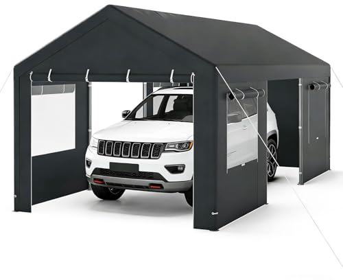 GYMAX extra großes Carport Zeltgarage, Lagerzelt mit aufrollbaren Fenstern, abnehmbaren Seitenwänden &Türen, wasserfeste PE-Plane, wetterfeste Autogarage für Auto, SUV (3 x 5.8 m,Dunkelgrau)