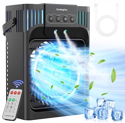 Portable Air Conditioner Cooling Fan, 1200Ml Mini Air Conditioning Unit with Remote,Quiet 3 Wind Speeds & Cool Mist, 2-8H Timer & 7 LED Light, Personal Air Cooler Fan for Room,Home,Office