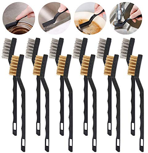12 Pcs Mini Wire Brush Set, 6 Stainless Steel & 6 Brass Wire Brushes for Cleaning, Small Scratch Brush with Curved Plastic Handle for Rust Removal, Paint Stains, Welding Slag & Metal Work