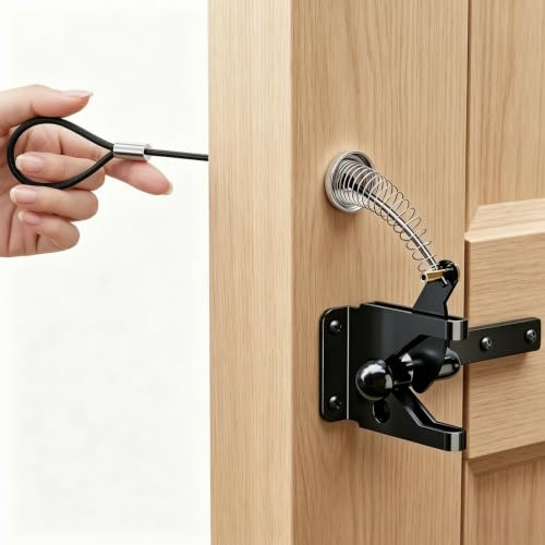 Gartentorriegel,Schloss-Riegel,Gartentor Schloss,Gartentorverschluss Holz | Selbstsichernd Stahl Automatisches Türschloss,Feder mit Verstellbarem Schloss Nylonschnur,Gartentorfalle Stahl für Holztore
