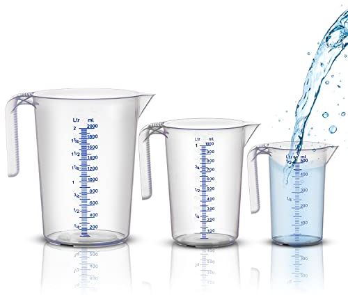 BigDean Messbecher-Set - 3 Größen: 500ml, 1L, 2L - bruchsicher, temperaturbeständig, farbige Skala transparent & blau - aus PP-Kunststoff lebensmittelecht - Made in Germany