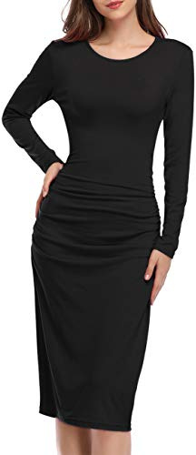 KOJOOIN Femme Robe Moulante avec Manches évasées Robe Cocktail Col V Robe de Soirée Élégante Robe de Crayon pour Travail Casual Ville Soiree, Noir À Manches Longues, L