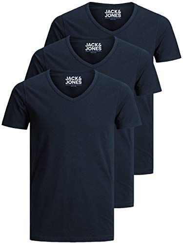 Jack and Jones - Camiseta básica para hombre, cuello de pico, paquete de 3 unidades, color liso, corte ajustado, en blanco, negro, azul y gris