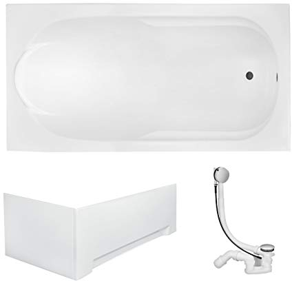 VBChome Badewanne 170x70 cm Acryl SET Schürze Siphon Wanne Rechteck Weiß Design Modern Ablaufgarnitur in Chrom Viega Simplex