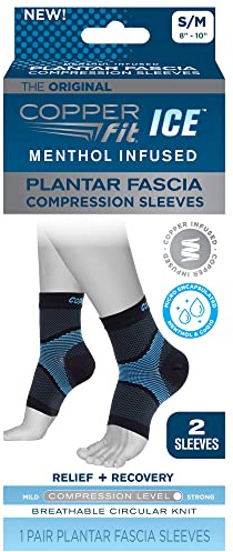 Copper Fit ICE Plantar Fascia Compression Foot And Ankle Sleeve Infused With Menthol, Small/Medium, 1 Pair