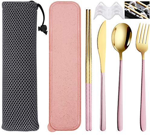SITAKE 4 Pcs Portable Stainless Steel Flatware Set, Travel Reusable Lunch Utensils with Storage Case and Bag, Knife Fork Spoon Chopsticks Set for Office, School, Travel, Camping, Picnic (Pink-Gold)