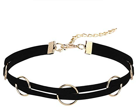 Gualiy Choker Halskette Samt Doppel Halsband O-Ring Form Anhänger Hoker Maskenspiel Halsschmuck Gold Schwarz, 31.5+9.5CM