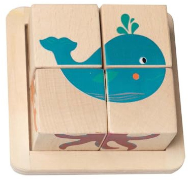 GREEN RHINO Holz Puzzle Meerestiere | Puzzles für Kinder | spielerisch Lernen | Holzpuzzel mit Tiermotiven | 4 Holzwürfel | 6 Tiermotive | Holzspielzeug in Geschenkverpackung | Würfelgröße 4x4x4cm