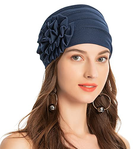 ZLYC Cappello turbante da donna con fiore chemioterapia copricapo elastico, Motivo floreale blu navy., M (taglia unica)