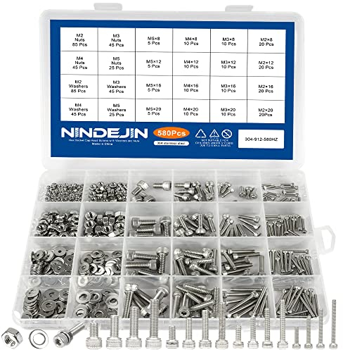 NINDEJIN 580 Stück Innensechskantschrauben-Sortimentskit, M2 M3 M4 M5 metrische Schrauben mit Mutter und Unterlegscheibe, 8/12/16/20 mm Vollmaschinengewindeschraube mit Inbusschlüssel, 304 Edelstahl