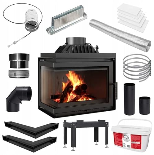 KRATKI Kaminofen Einsatz Holz 8kW - BImSchV Stufe 2 Konform - Gusseisen Tür mit Glas - Hochwertiger Heizeinsatz - Rauchrohranschluss Ø200mm, Wirkungsgrad 75% - Linksöffnung