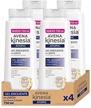 Avena Kinesia - Gel de Baño Emoliente Sin Alcohol para Piel Sensible y Atópica, Fórmula Hipoalergénica con Avena 100% Natural - Pack de 4 x 750 ml