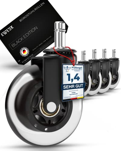 EWESK® Bürostuhlrollen 5er Set in Schwarz – Geräuscharme Hartboden-Rollen 10x22mm – Nie wieder Bodenschutzmatten – Universale Rollen für schwarze IKEA Schreibtischstühle