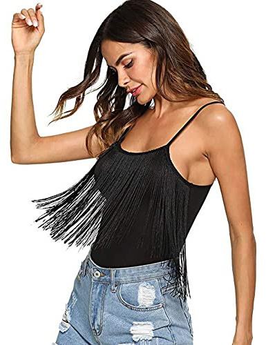 KOEMCY Body Mujer Sexy Bodies Vestir Sin Mangas Mono Jumpsuit Fringe Ropa de Dormir Una Pieza Bodysuit Lencería Interior Tops (Negro,L)