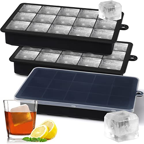 3 Piezas Cubiteras para Hielo silicona con Tapa,Bandejas de Cubitos de Hielo Cuadrados Grandes de 3,5cm, 45 Cubos Silicona Moldes,para Cócteles,Whisky,Vino,Frutas,Puré de Frutas