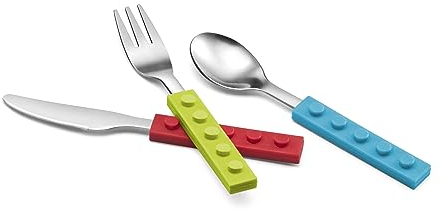 Albert de Thiers - Coffret de 3 Couverts Enfants Ludo - 1 Couteau Rouge + 1 Fourchette Verte + 1 Cuillère Bleue - Manches Emboîtables Ludiques, Lames en Acier Inoxydable - Boîte Couleur
